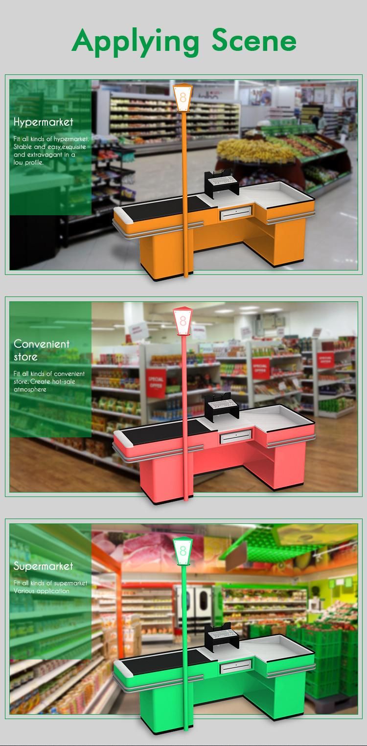 Customized Convenient Supermarket Steel Cashier Checkout Counter with Belt