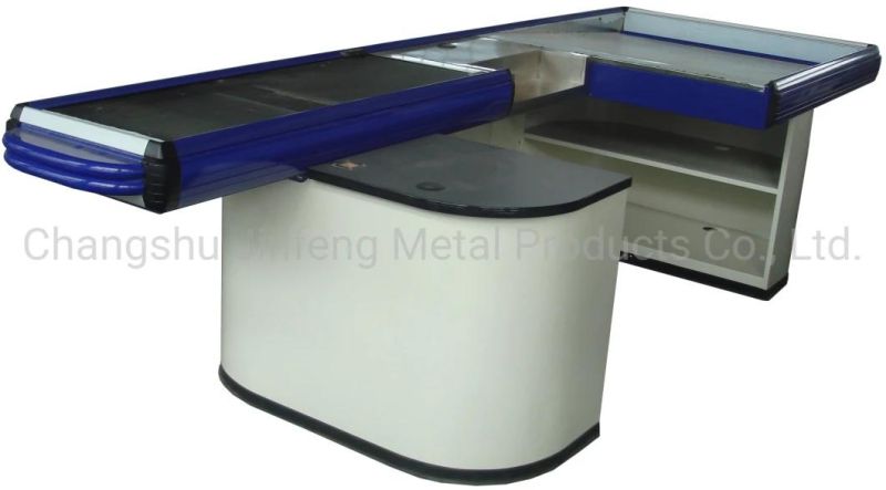 Supermarket Metal Checkout Counter Cashier Table with Conveyor Belt Jf-Cc-115