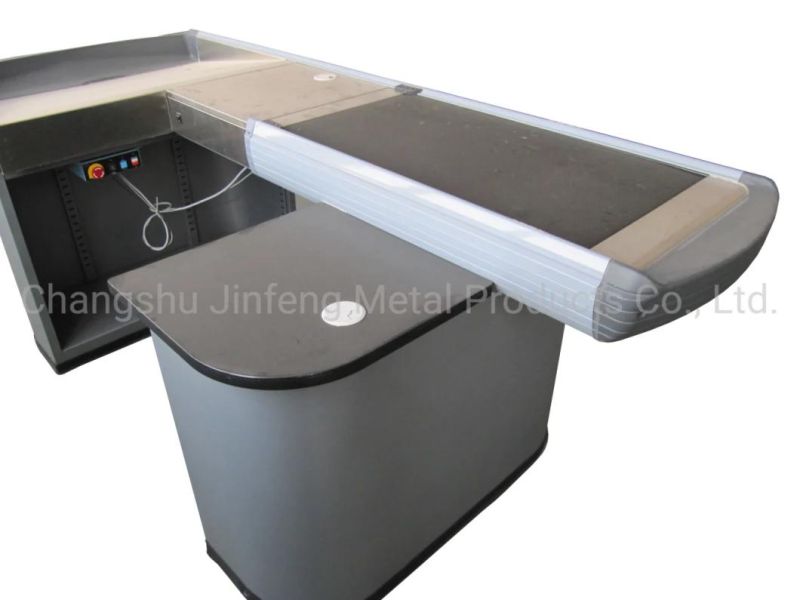 Supermarket Electric Checkout Counter Metal Cashier Table with Conveyor Belt