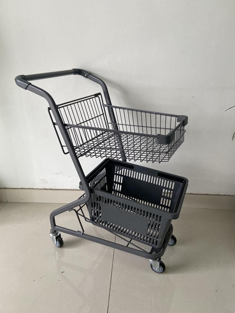 2-Tier Hand Basket Powder Coating Rolling Supermarket Cart Trolley