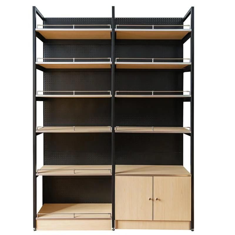 Wood Color Metal Cabinet Display Shelf Wall Supermarket Shelf with Light Box