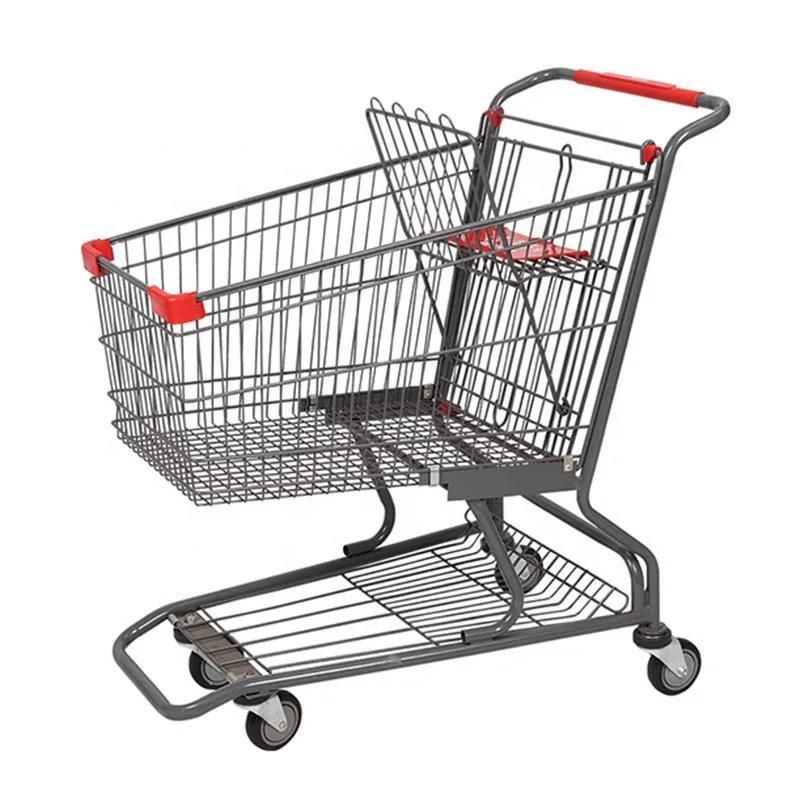 Metal Shopping Cart Folding Trolley with PU Wheels Supermarket Cart