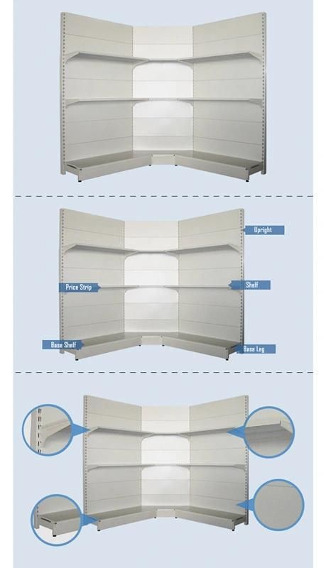 Supermarket Inner Corner Shelf Blue and White Wall Display Shelf