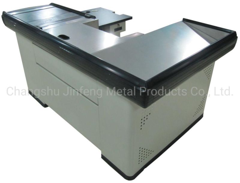 Supermarket Checkout Counter Metal Cashier Table with Conveyor Belt Jf-Cc-091