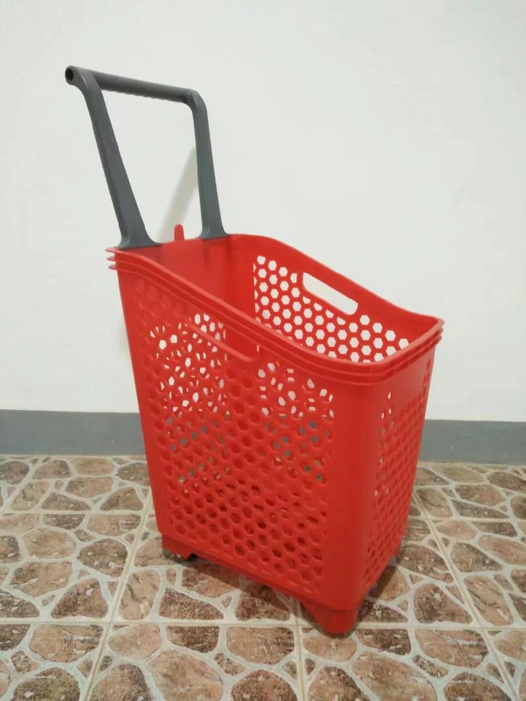 Rolling Wheeel Shopping Plastic Basket for Supermarket