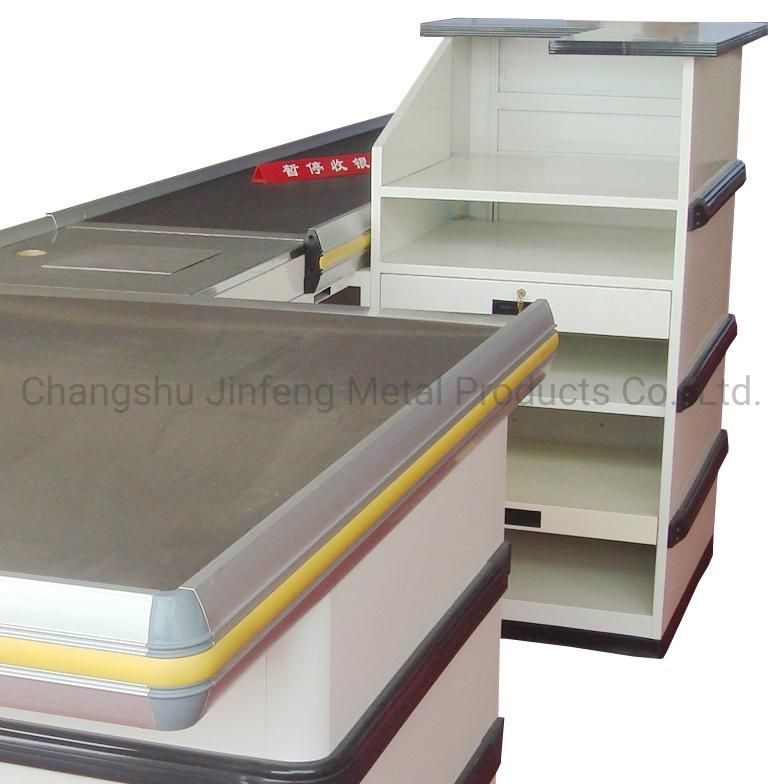 Supermarket Metal Checkout Counter Cashier Table with Conveyor Belt Jf-Cc-020