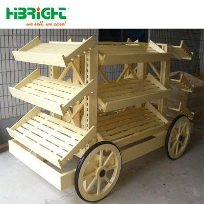 Supermarket Wooden Wagon Cart Shape Design Bakery Vegetable and Fruit Display Shelf