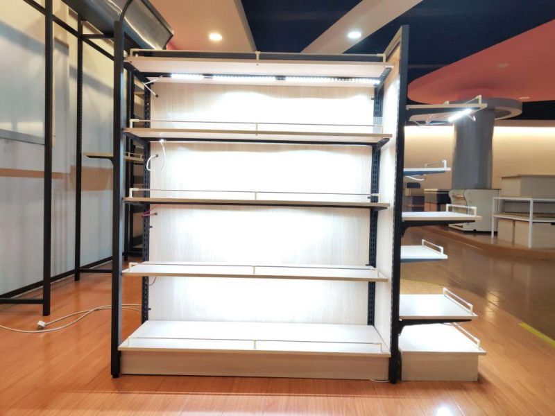 Steel and Wooden Supermarket Shelf with Bright Light