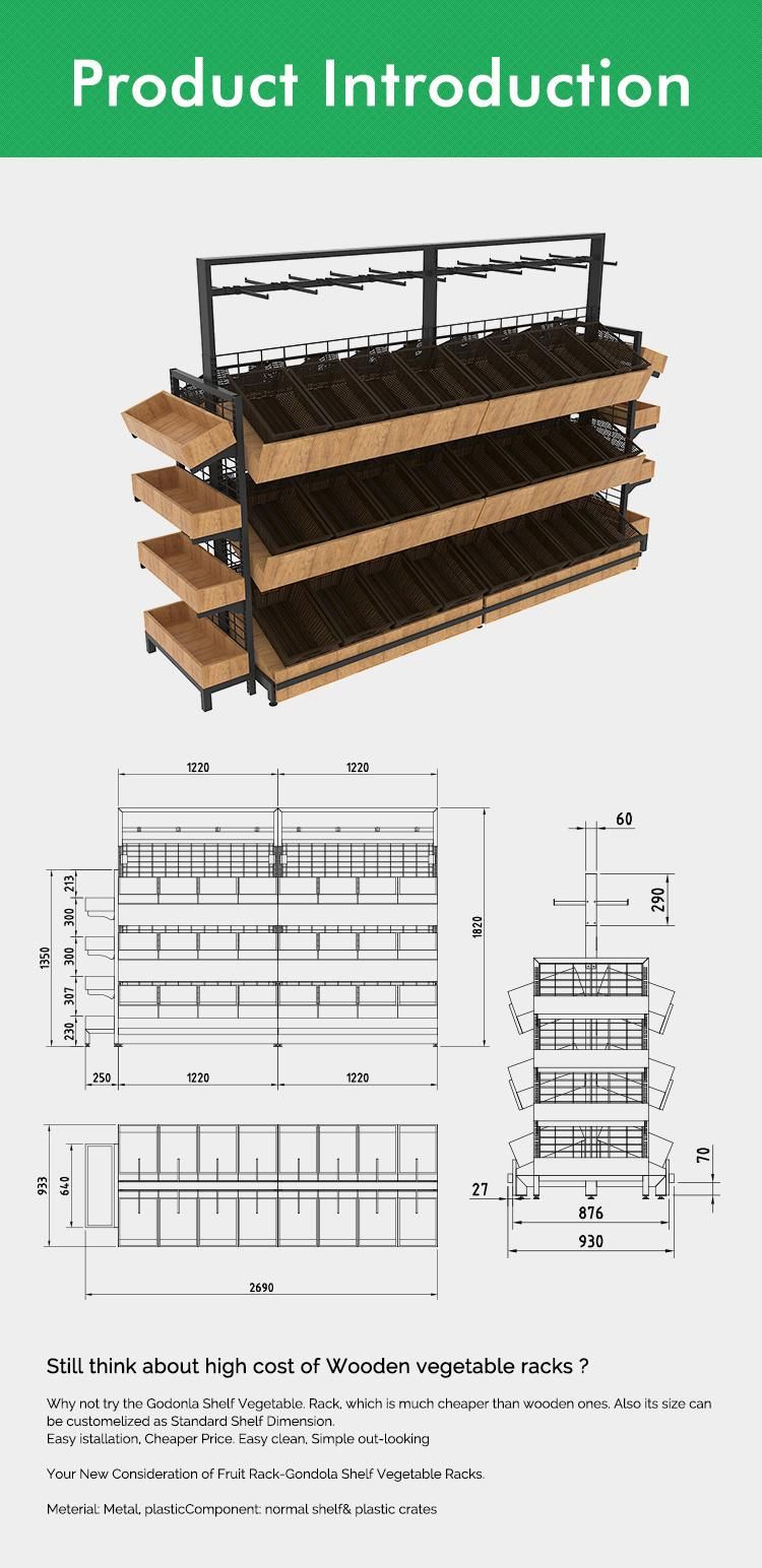 Supermarket Steel and Wood Vegetable and Fruit Rack