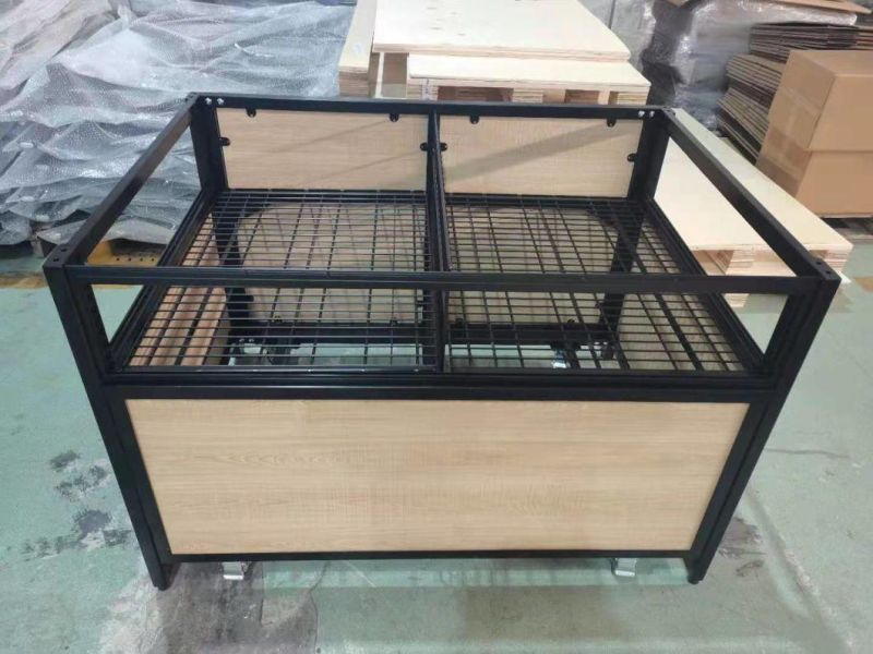 Wood and Acrylic Adjustable Grocery Fixture Produce Display Bin Orchard Bin with Wheels