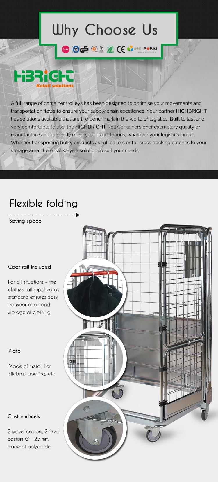 Four Doors Wire Mesh Metal Nestable Roll Container for Transporting