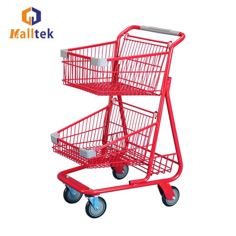 Good Quality Metal Hypmarket Double Layer Shopping Trolley with Four Wheels