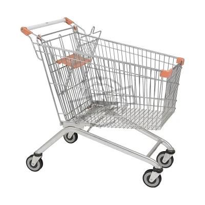 Supplier Chrome Surface Metal Supermarket Trolley with 4 Wheels