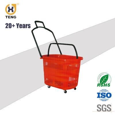 Xj-9 Supermarket Plastic Shopping Basket with Handle and Wheels