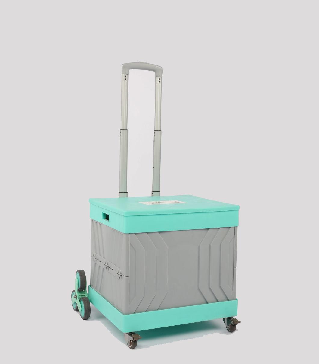 China Multi Functional Plastic Storage Box Folding Shopping Cart with Stair Climbing Wheels