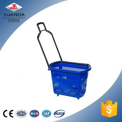 Manufacture Plastic Large Supermarket Trolley with Wheels Hand Shopping Basket