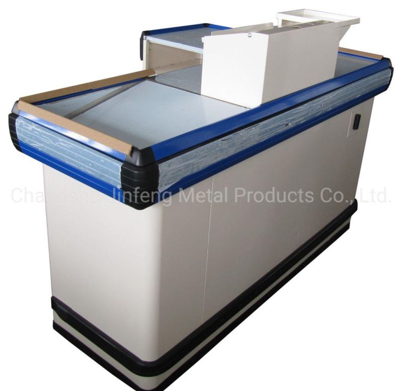 Supermarket Checkout Counter Metal Cashier Desk with Keyborad Holder and Stainless Steel Top Cover