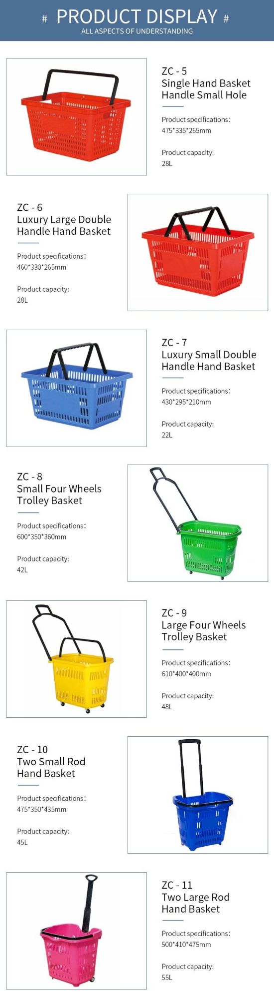 42L Plastic Supermarket Round Shopping Basket with Wheels Supermarket