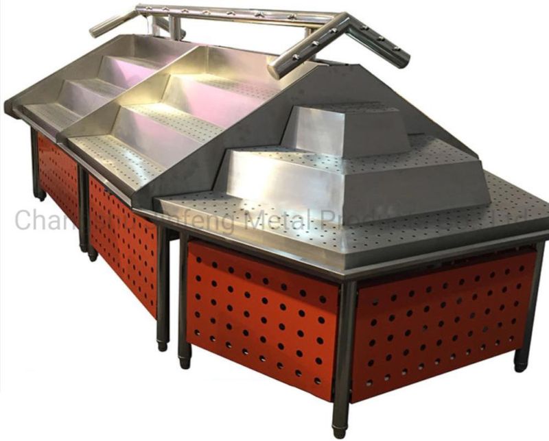 Supermarket Stainless Steel Surface Vegetable and Fruit Display Stand with Spray System