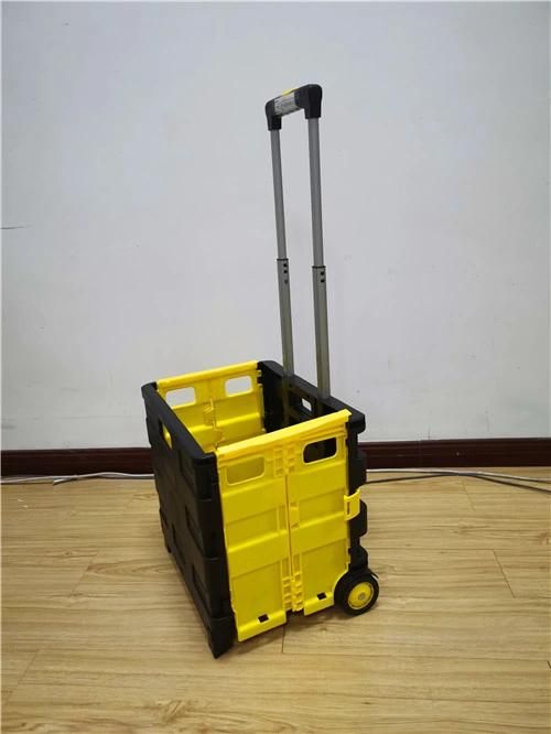 China Cheap Folding Plastic Box Hand Push Rolling Trolley on Wheels