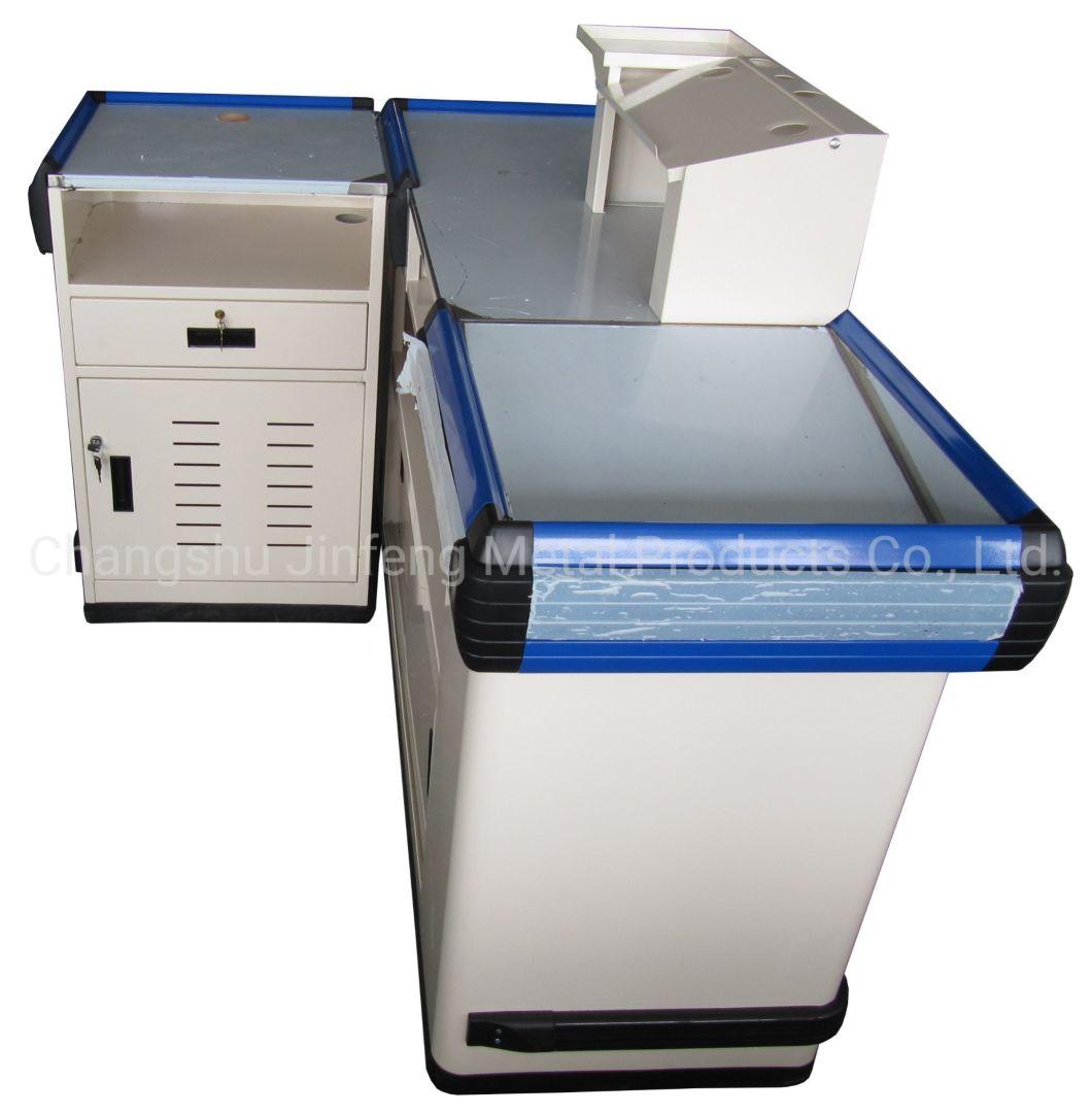 Supermarket Checkout Counter Metal Cashier Desk with Keyborad Holder and Stainless Steel Top Cover