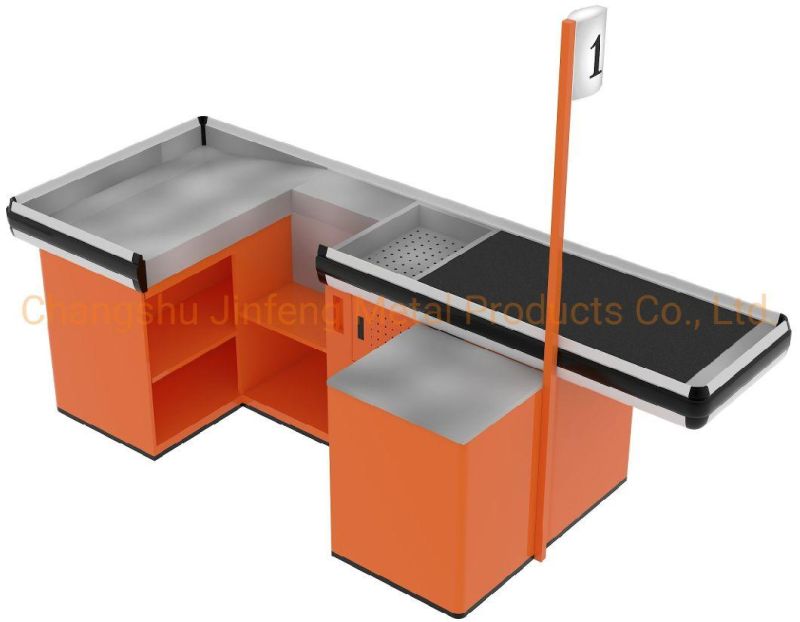 Supermarket Electrical Checkout Counter Metal Cashier Desk with Conveyor Belt