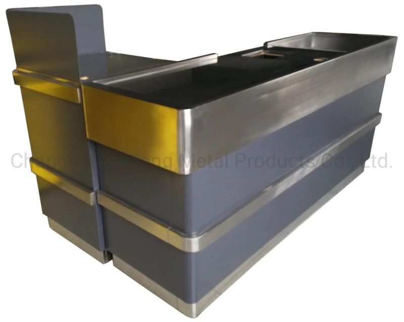 Supermarket Checkout Counter Metal Cashier Desk with Stainless Steel Protection Jf-Cc-052