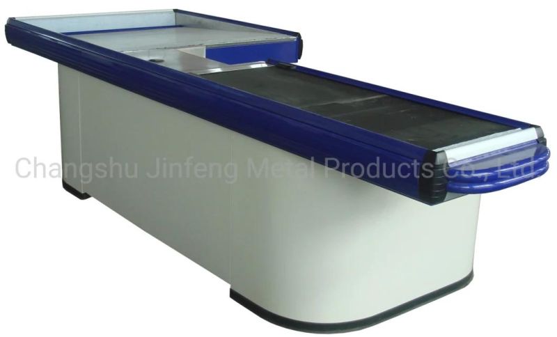 Supermarket Metal Checkout Counter Cashier Table with Conveyor Belt Jf-Cc-115