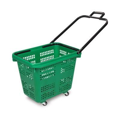 Convenient Supermarket Rolling Plastic Shopping Basket with Plastic Handle