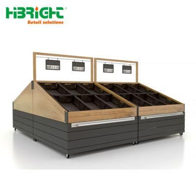 Moving Wooden Produce Fruit Vegetable Viggies Display Rack with Wheels