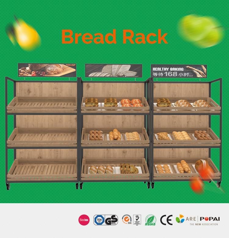 High End Wood Moveable Supermarket Bread Display Rack