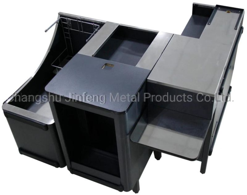 Supermarket Three Parts Metal Cashier Desk with Stainless Steel Top Cover