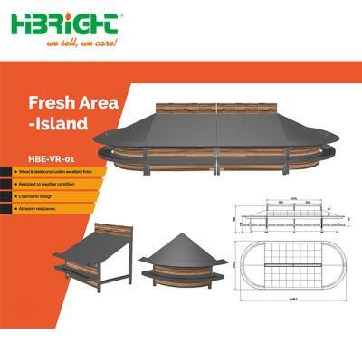 Island Style Steel Frame and Wooden Decoration Supermarket Vegetable and Fruit Display Shelf