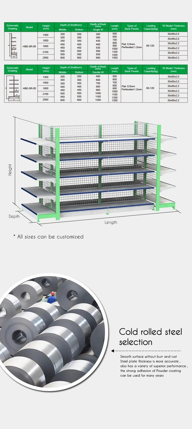 Double Sided Hammertone Store Supermarket Gondola Shelving