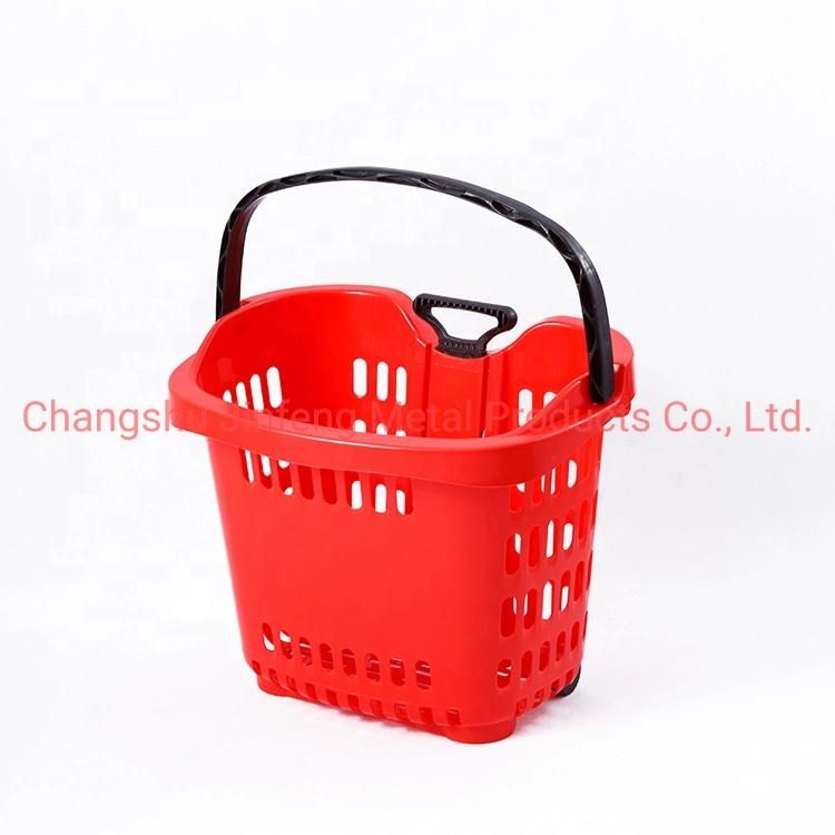 Supermarket Store Fixture Plastic Storage Rolling Shopping Basket with Two Wheels