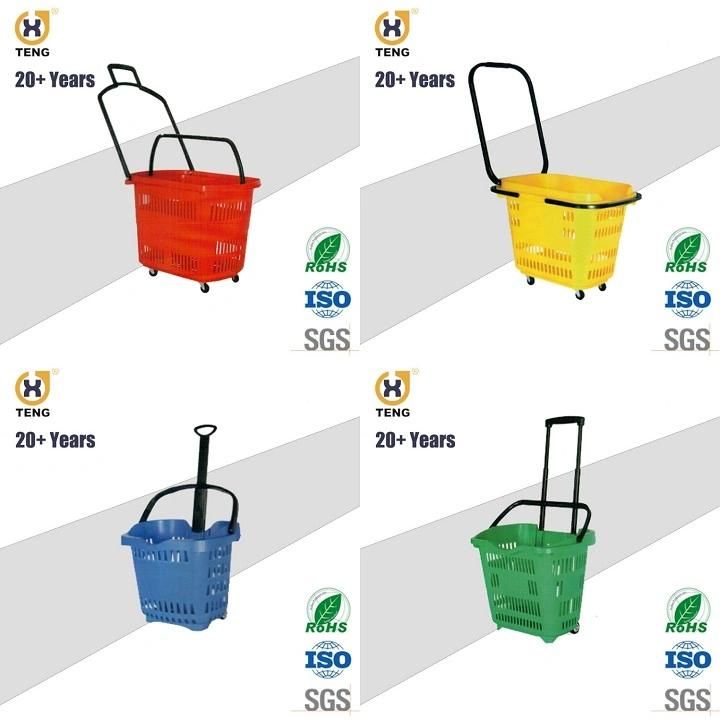 Xj-14 Supermarket Plastic Shopping Basket with Handle and Wheels