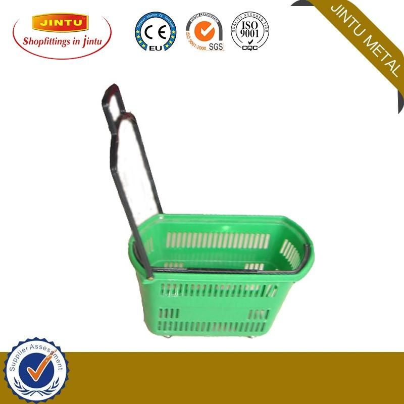 50L Supermarket Plastic Rolling Shopping Basket with 4 Wheels