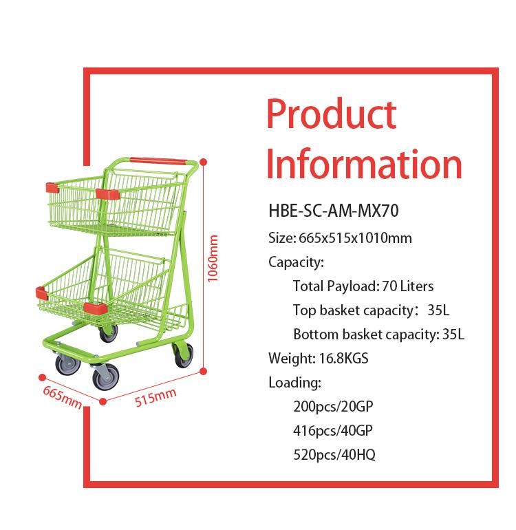 70L American Style Supermarket Cart Two Tier Metal Shopping Trolley