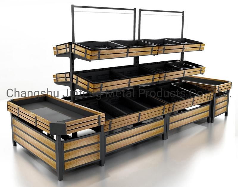 Supermarket Shelf Cold-Rolled Steel & Wooden Fruit and Vegetable Display Shelves