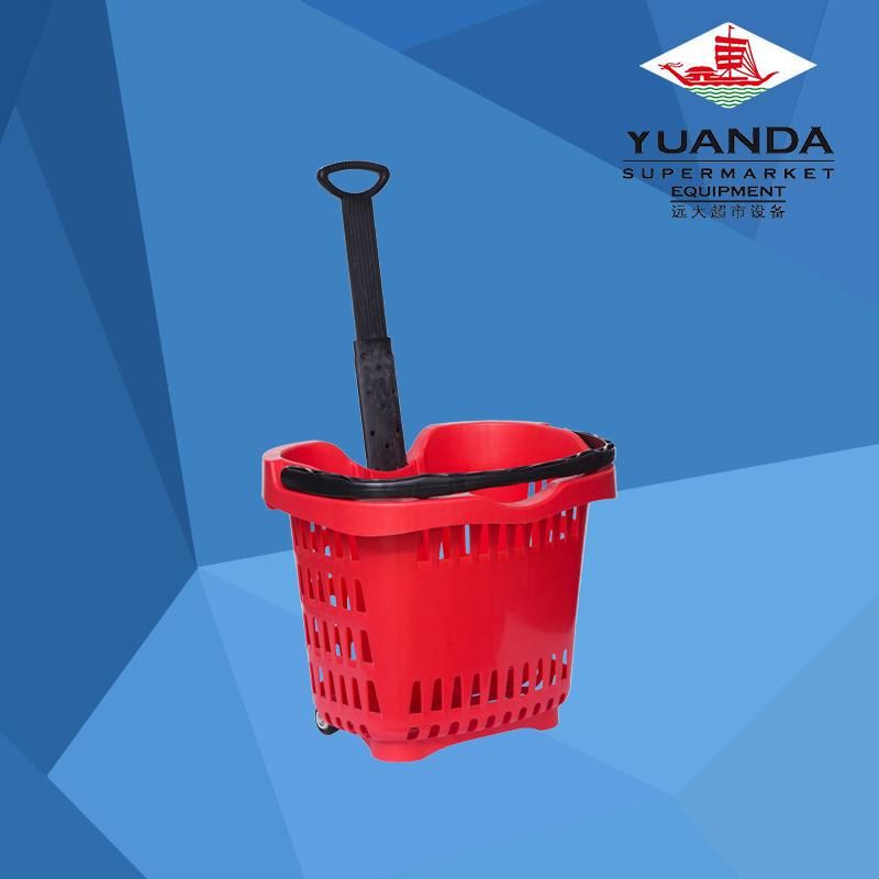 Apple Style Supermarket Red Rolling Plastic Shopping Basket