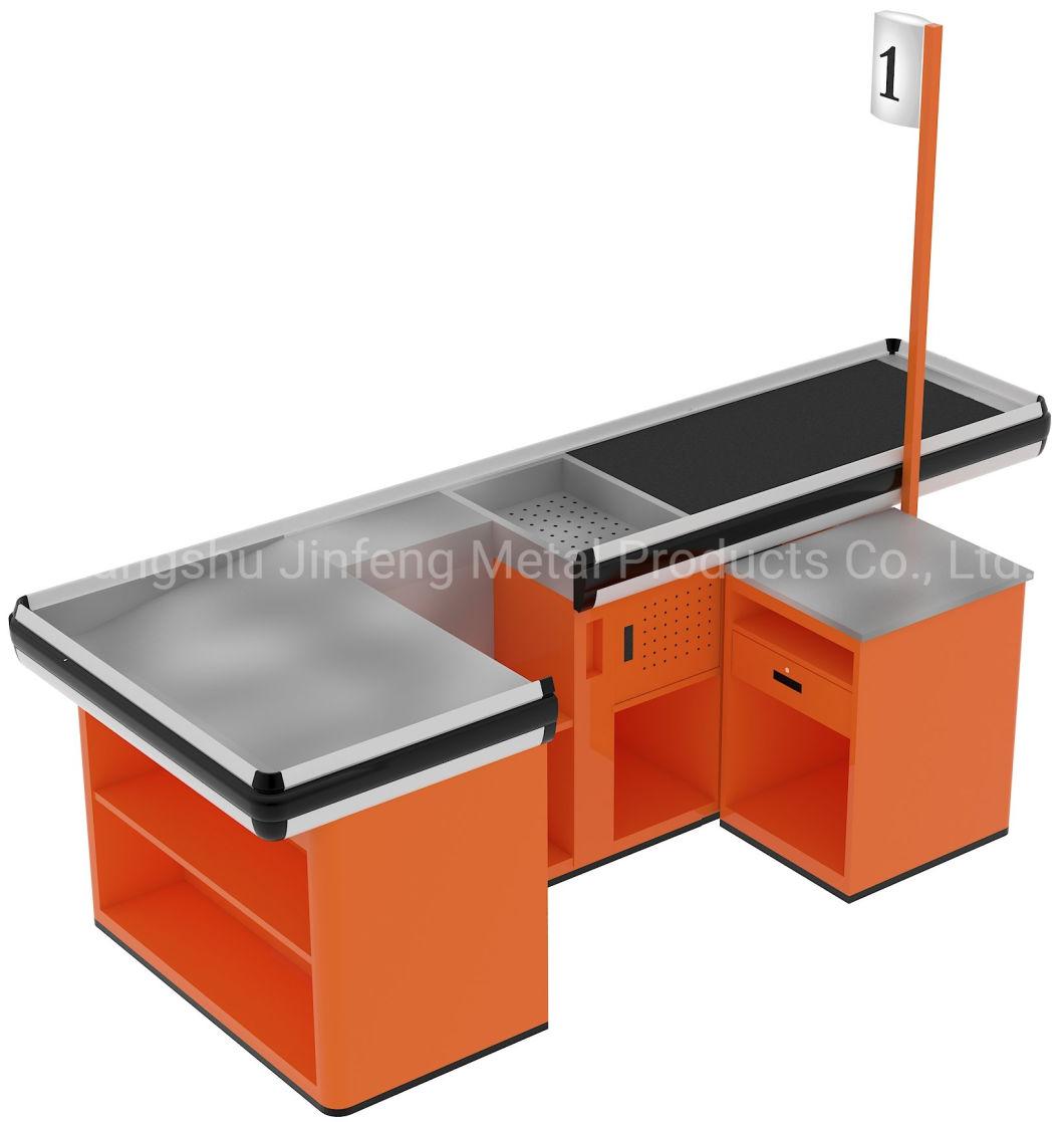 Supermarket Electrical Checkout Counter Metal Cashier Desk with Conveyor Belt