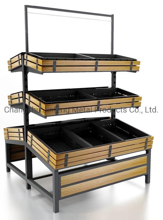 Supermarket Shelf Cold-Rolled Steel & Wooden Fruit and Vegetable Display Shelves