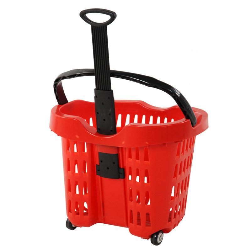 High Quality Plastic Rolling Supermarket Shopping Baskets with Wheels Handle