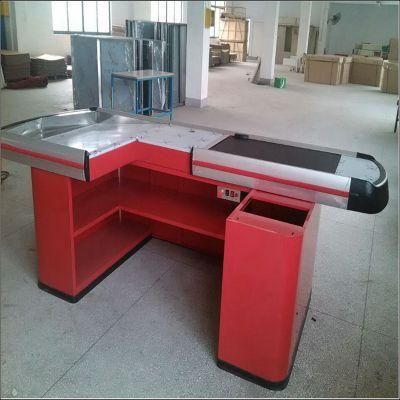 Cheap Blue Color Supermarket Checkout Counter with Conveyor Belt