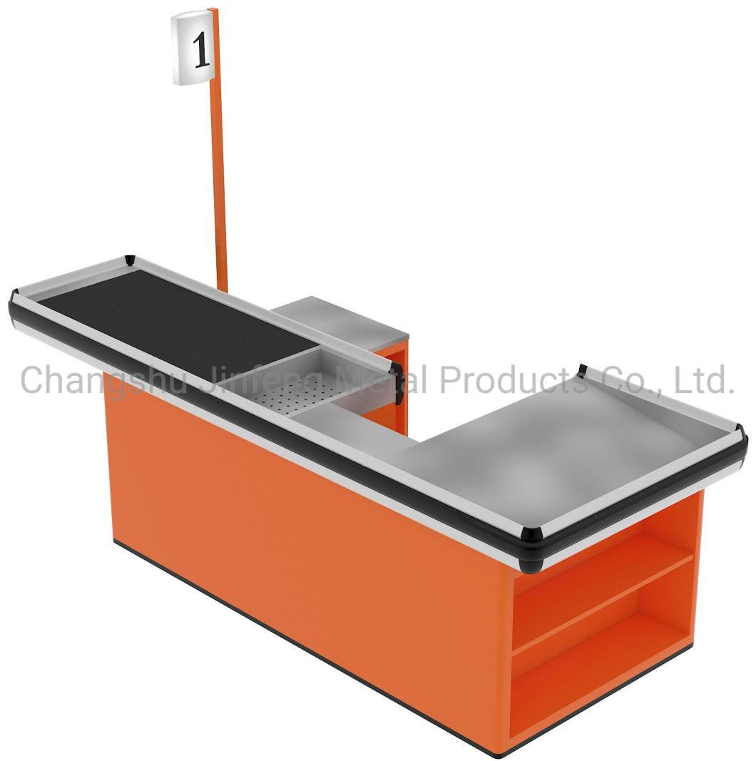 Supermarket Electrical Checkout Counter Metal Cashier Desk with Conveyor Belt