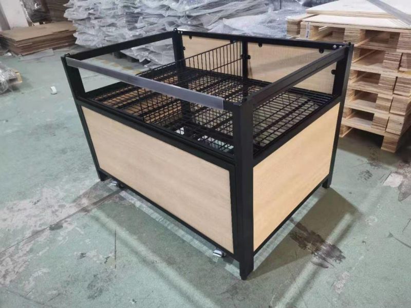 Wood and Acrylic Adjustable Grocery Fixture Produce Display Bin Orchard Bin with Wheels