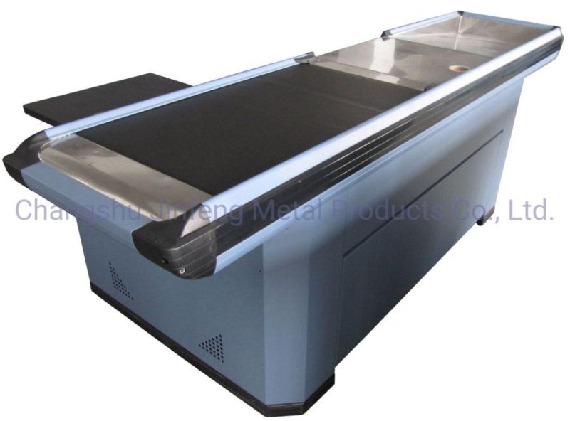 Supermarket Electric Cashier Table Checkout Counter with Conveyor Belt Jf-Cc-097