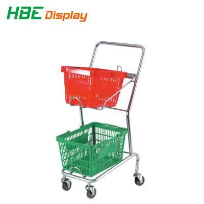 Metal Frame Double Basket Mini Shopping Cart for Convenience Store