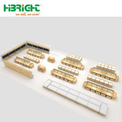 Supermarket Equipment Financing Golden Award Luxury Wooden Vegetable and Fruit Rack Area Design