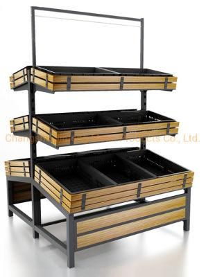 Supermarket Shelf Cold-Rolled Steel &amp; Wooden Fruit and Vegetable Display Shelves